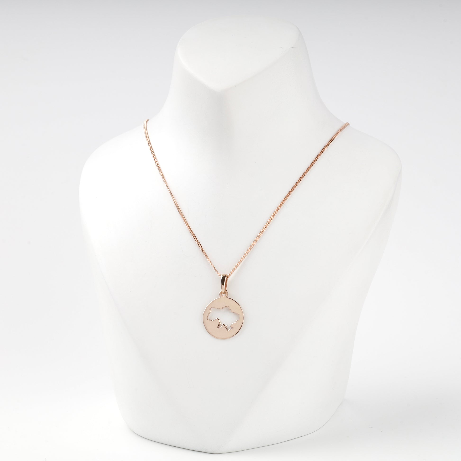 Rose Gold 14K Ukraine silhouette pendant, polished disc detail