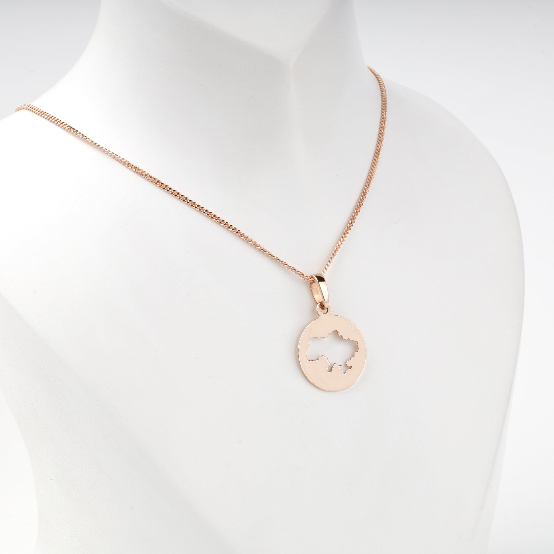 Rose Gold 14K circular Ukraine map pendant, angled view