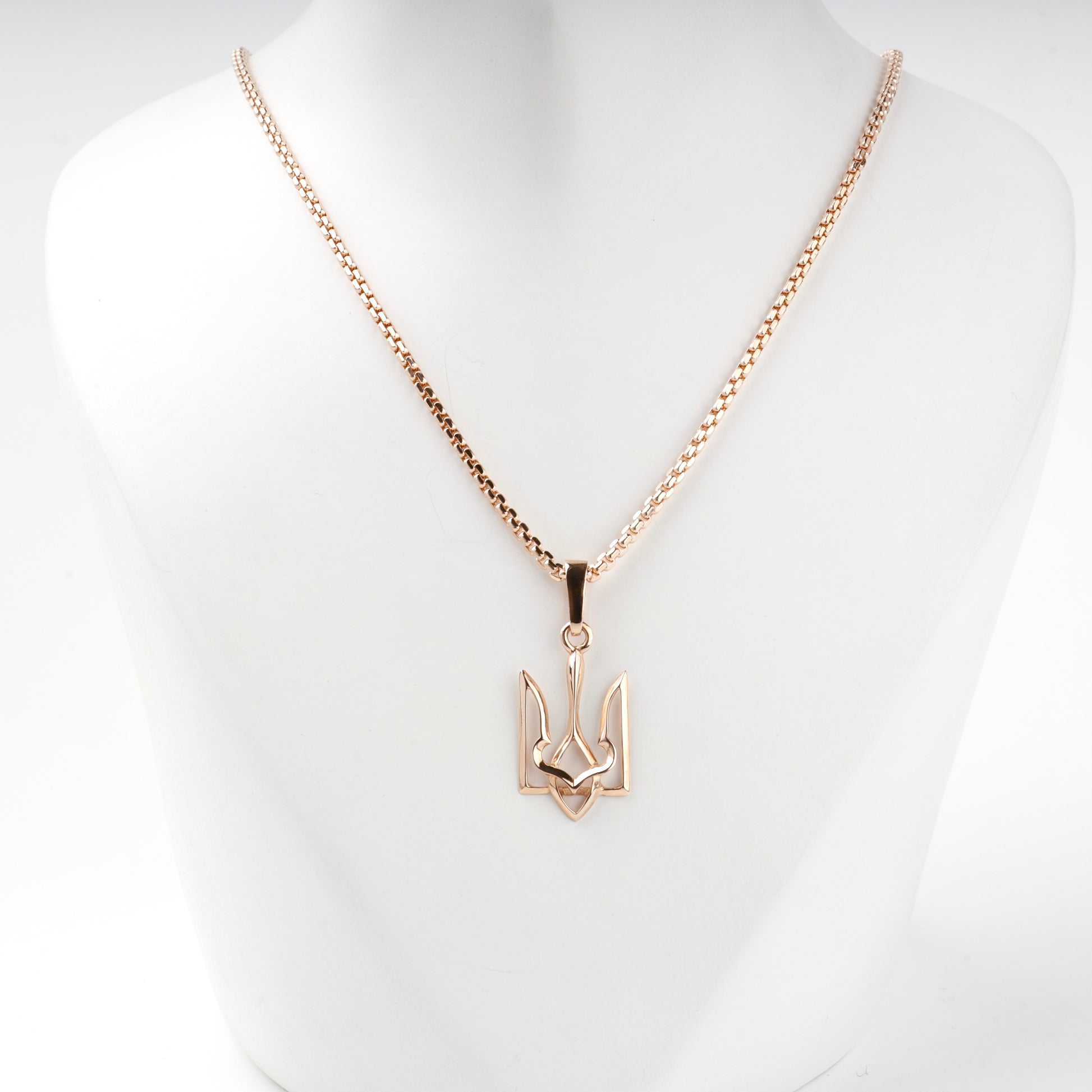 Rose Gold 14K Ukrainian Trident pendant on chain — front styling view — Kabluchka