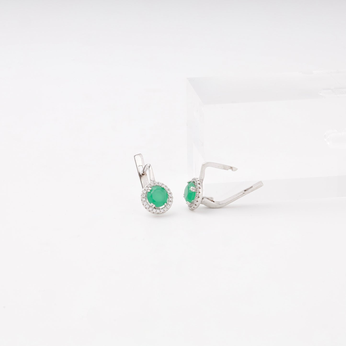 Silver 925 green CZ halo earrings close-up — Kabluchka