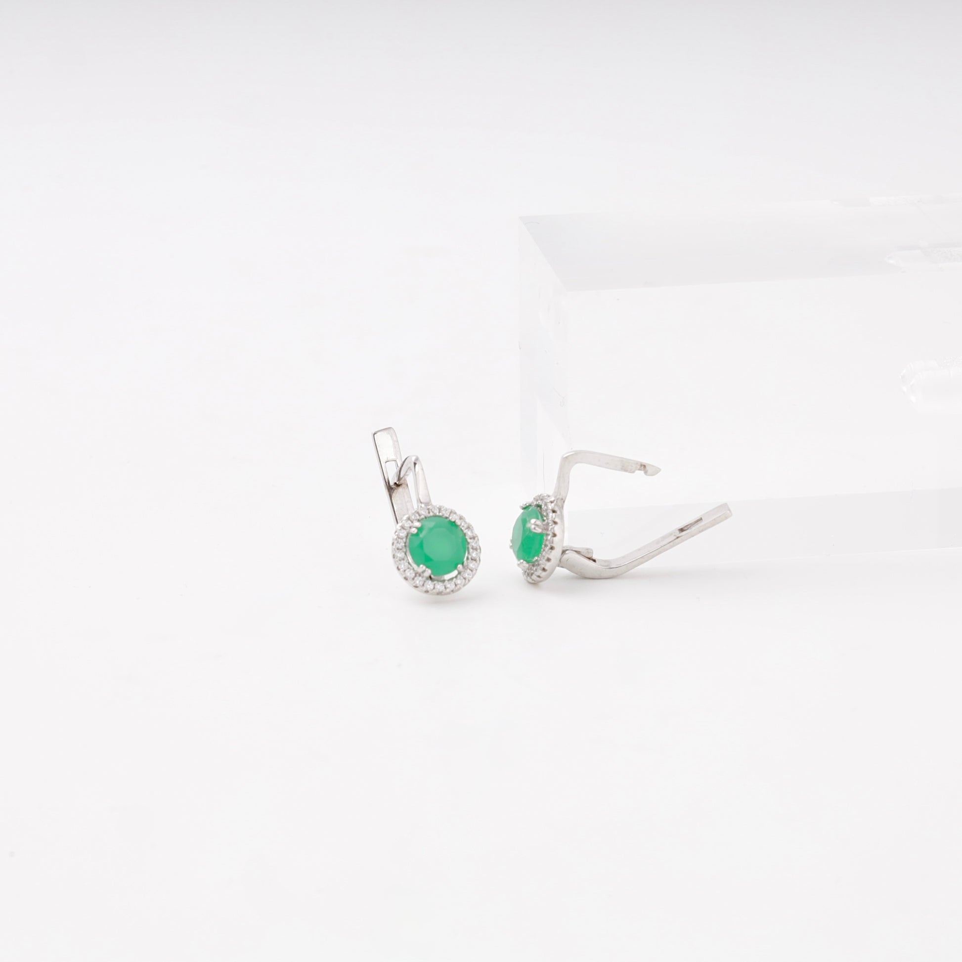 Silver 925 green CZ halo earrings close-up — Kabluchka
