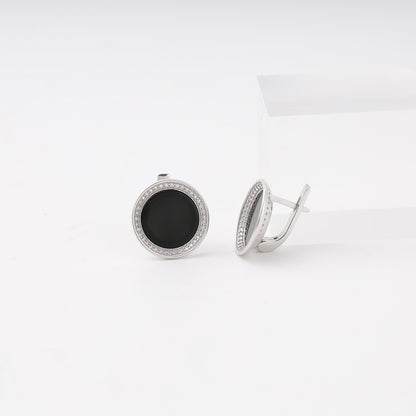 Silver 925 round onyx earrings with cubic zirconia halo, pair — Kabluchka