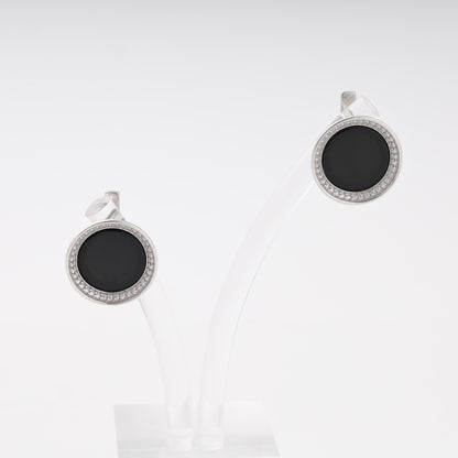 Silver 925 round onyx earrings with cubic zirconia halo — Kabluchka
