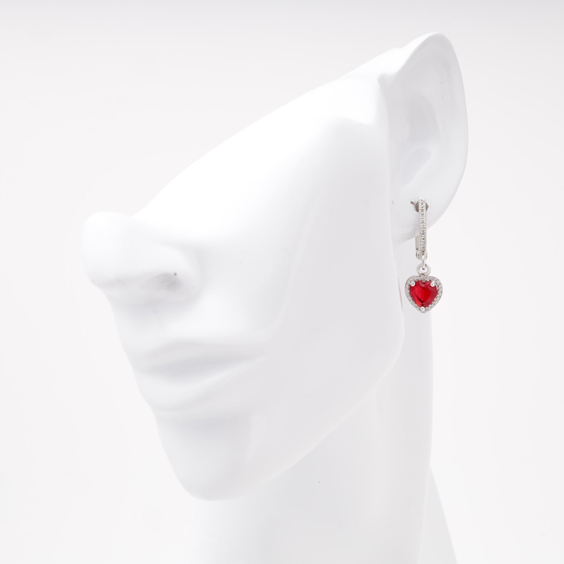 Silver 925 red heart drop earrings with CZ halo — view 3 — Kabluchka