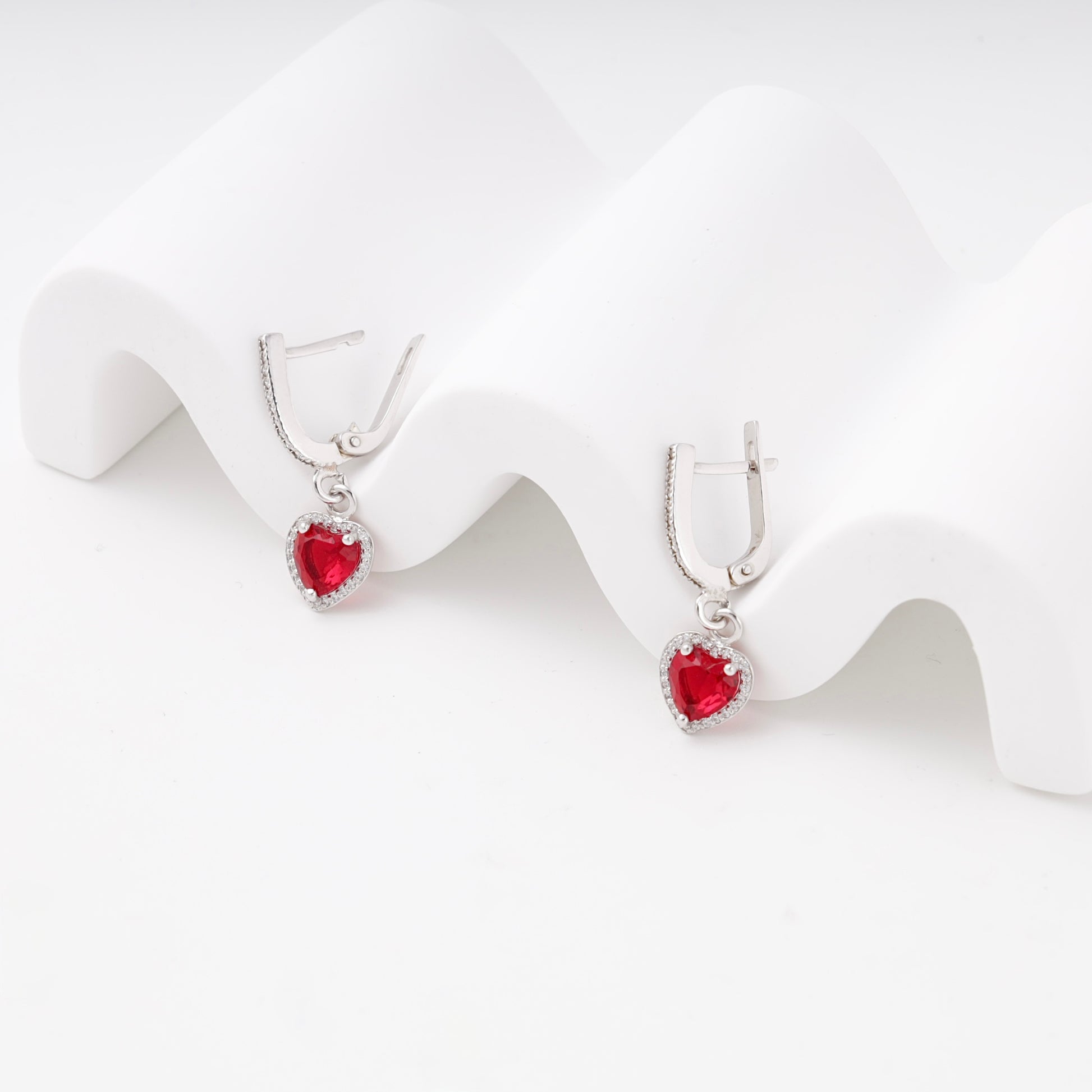 Silver 925 red heart drop earrings with CZ halo — view 4 — Kabluchka