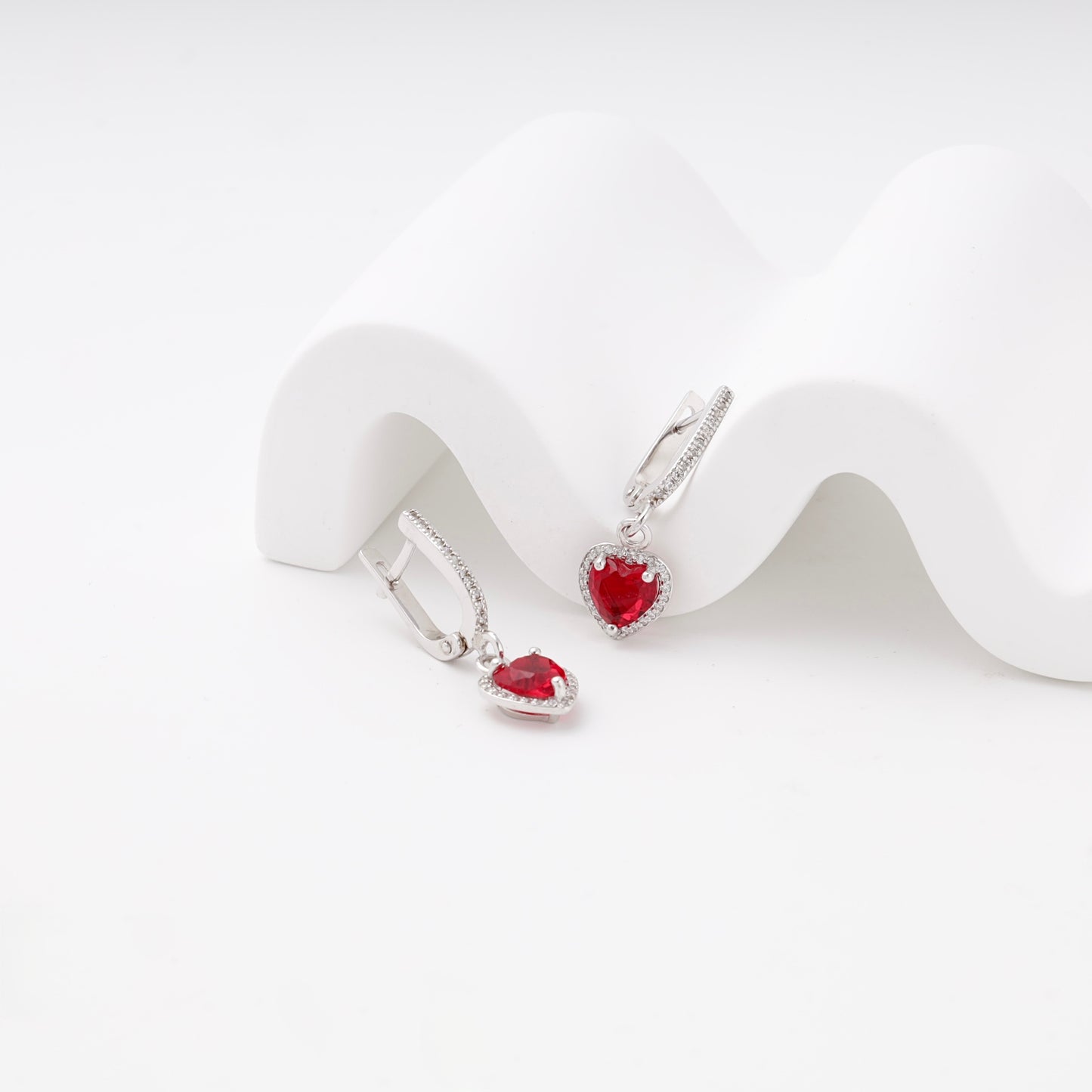 Silver 925 red heart drop earrings with CZ halo — view 1 — Kabluchka