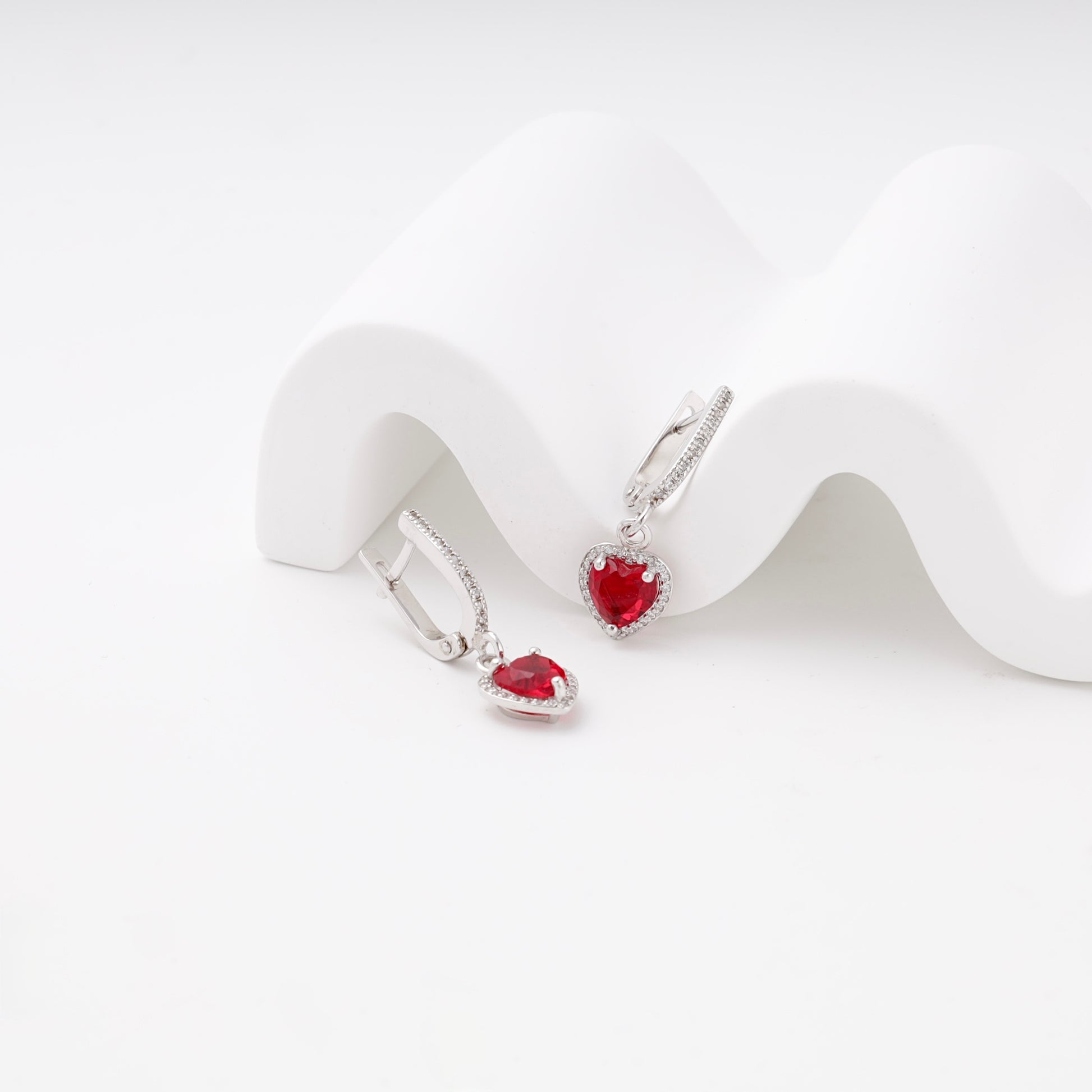 Silver 925 red heart drop earrings with CZ halo — view 1 — Kabluchka