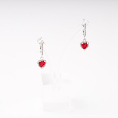 Silver 925 red heart drop earrings with CZ halo — view 2 — Kabluchka