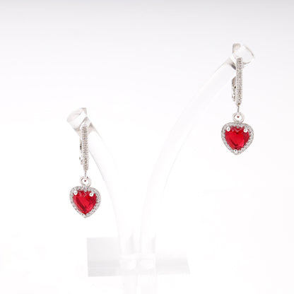 Silver 925 red heart drop earrings with CZ halo — view 5 — Kabluchka