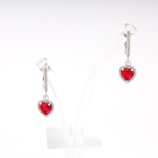 Silver 925 red heart drop earrings with CZ halo — view 5 — Kabluchka