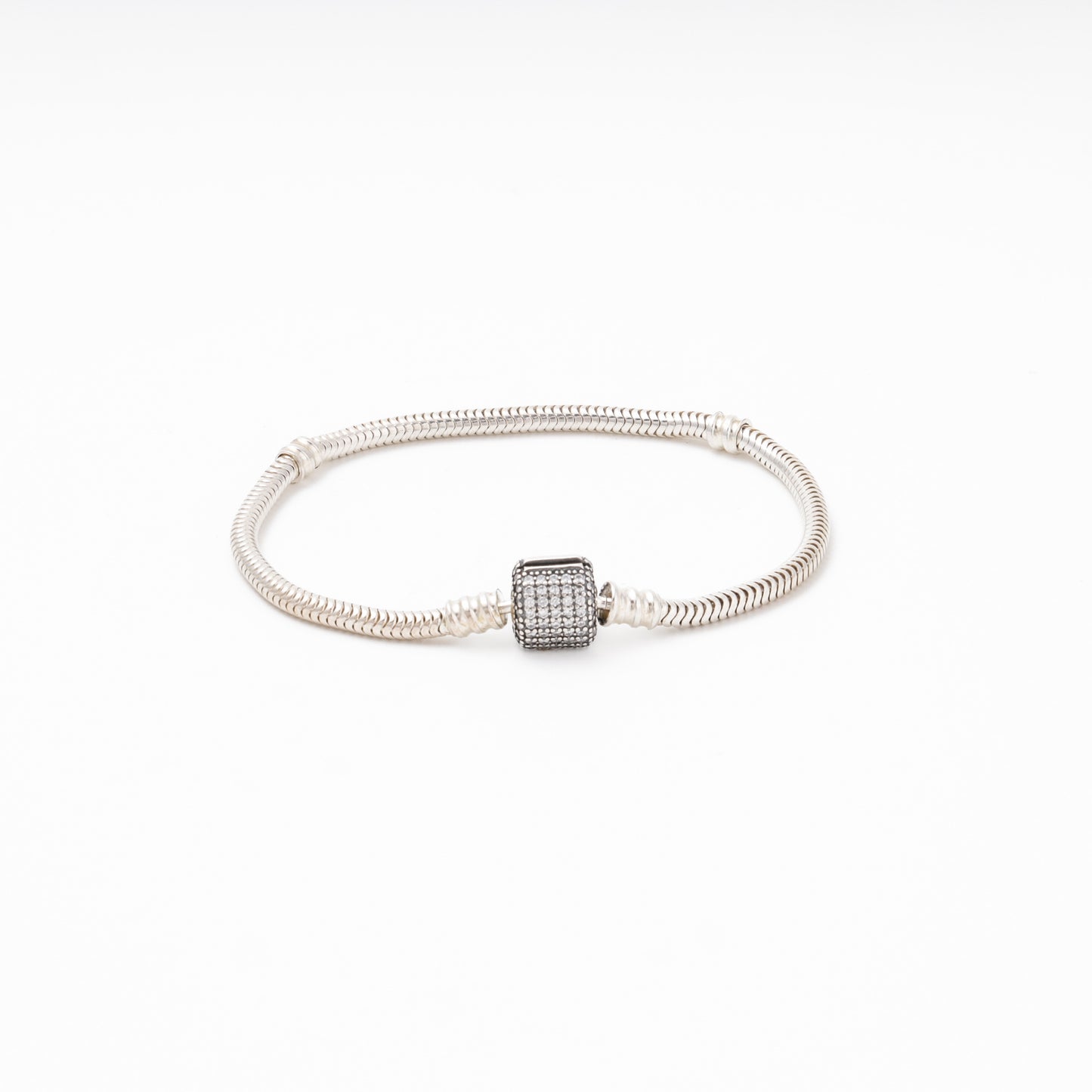 Silver 925 snake charm bracelet with CZ box clasp, top view — Kabluchka