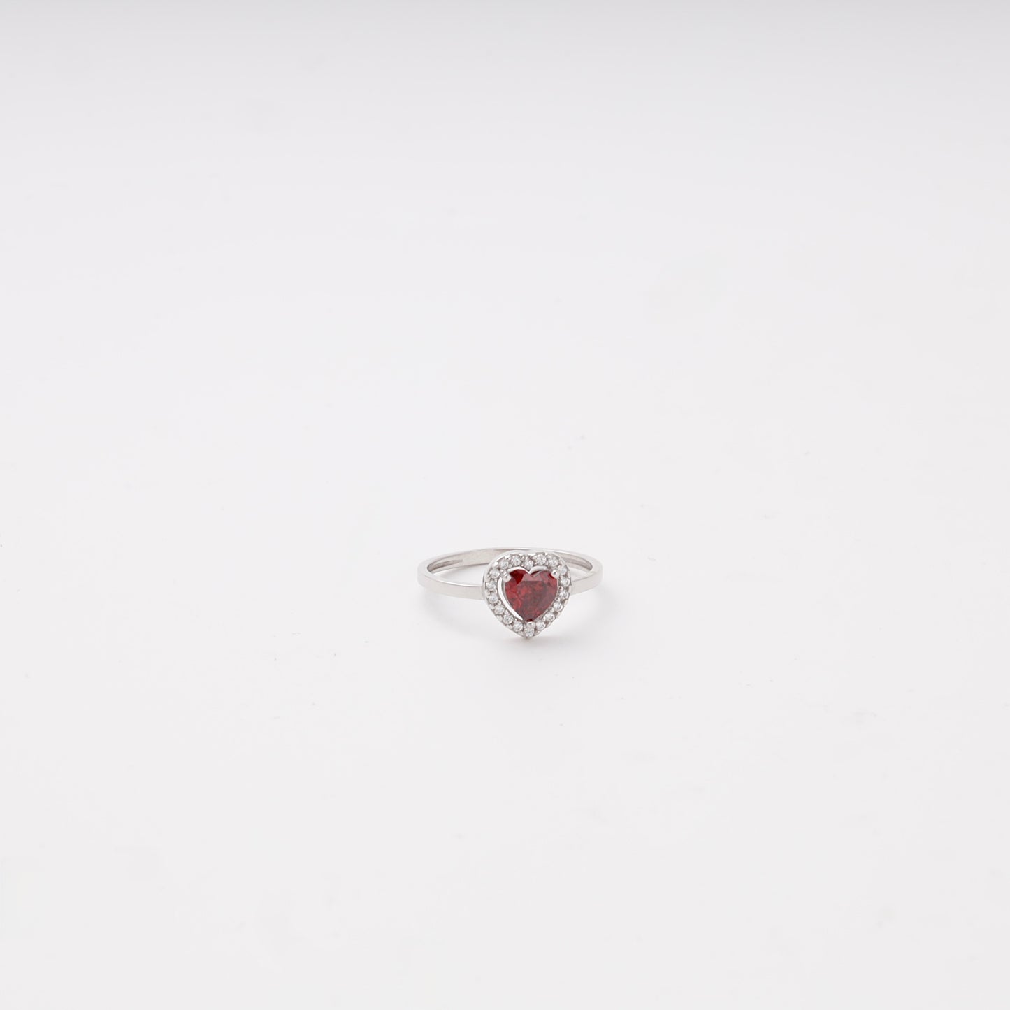 Silver 925 red heart cubic zirconia halo ring, front view — Kabluchka