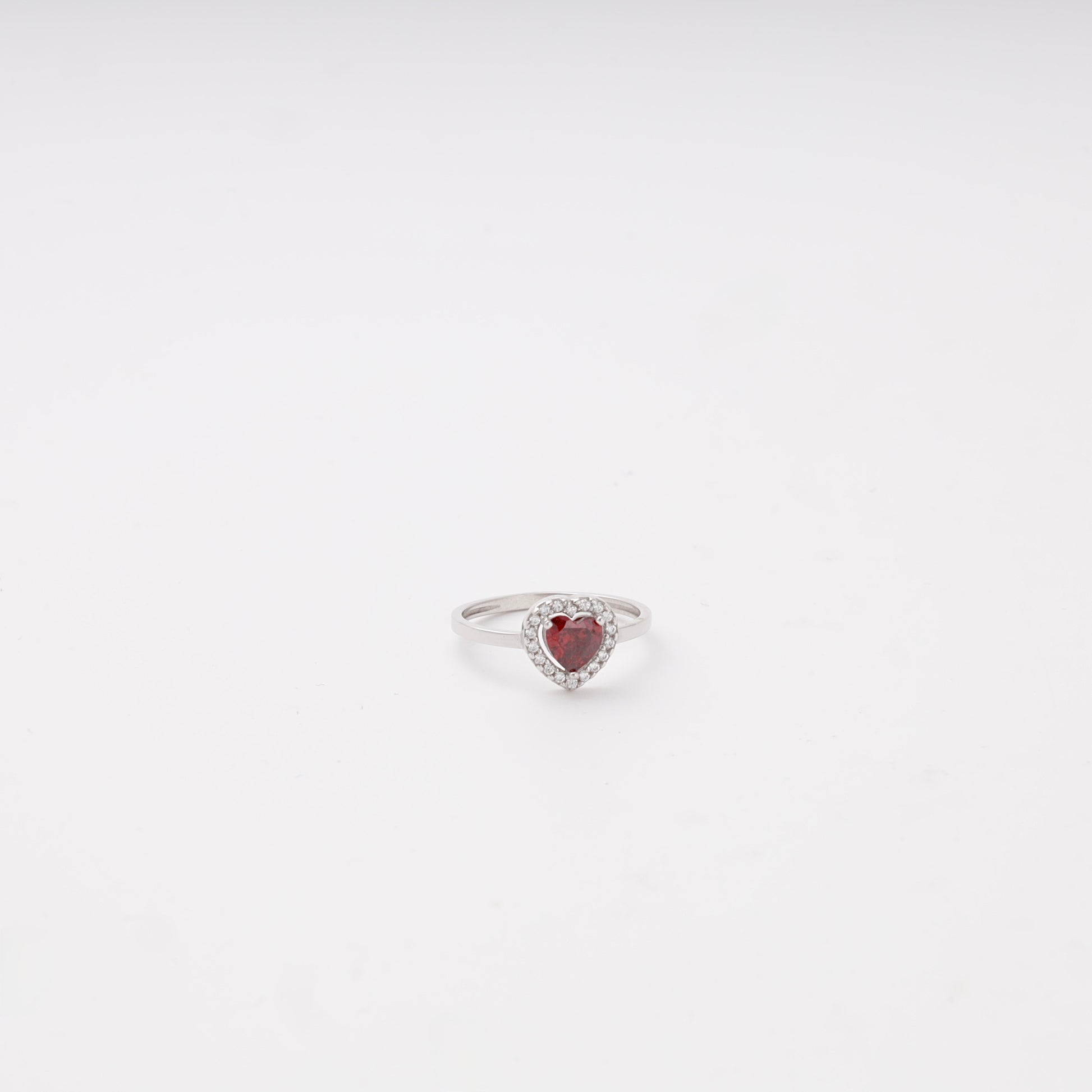 Silver 925 red heart cubic zirconia halo ring, front view — Kabluchka