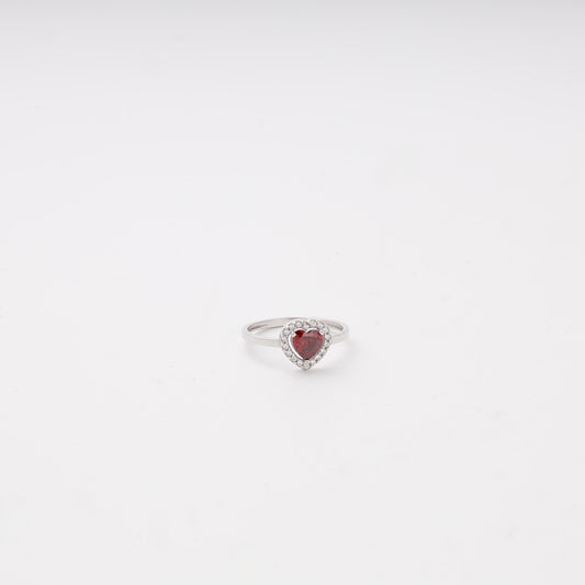 Silver 925 red heart cubic zirconia halo ring, front view — Kabluchka