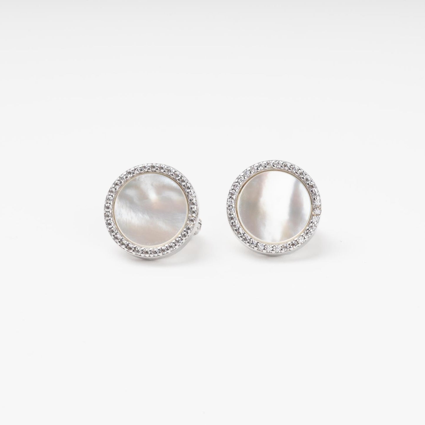 Round silver earrings with mother-of-pearl and CZ halo detail | Jewelry Store Kabluchka