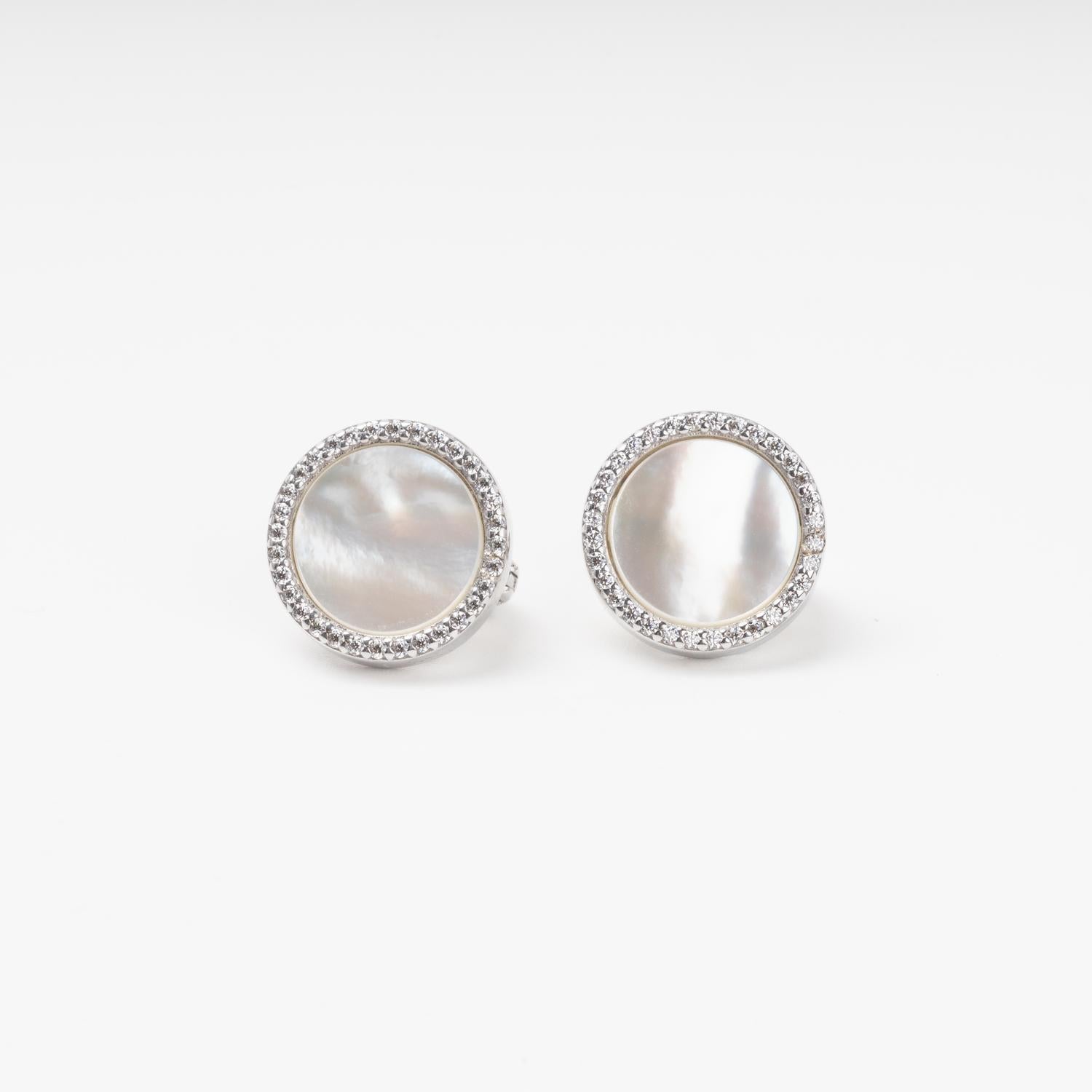 Round silver earrings with mother-of-pearl and CZ halo detail | Jewelry Store Kabluchka