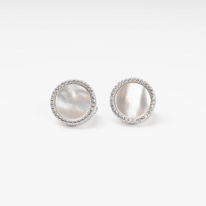 Round silver earrings with mother-of-pearl and CZ halo detail | Jewelry Store Kabluchka
