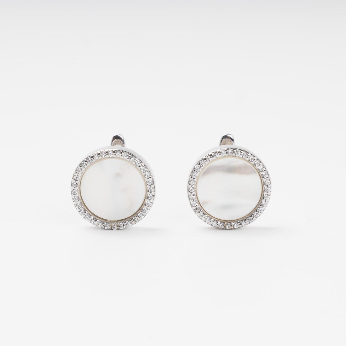 Rhodium-plated silver 925 round earrings with mother-of-pearl and cubic zirconia | Jewelry Store Kabluchka