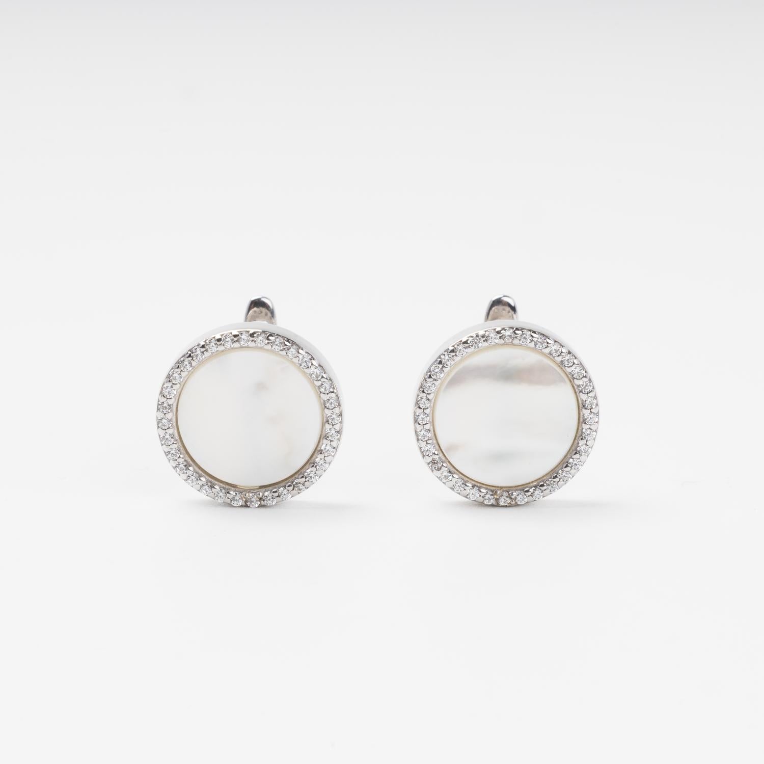 Rhodium-plated silver 925 round earrings with mother-of-pearl and cubic zirconia | Jewelry Store Kabluchka