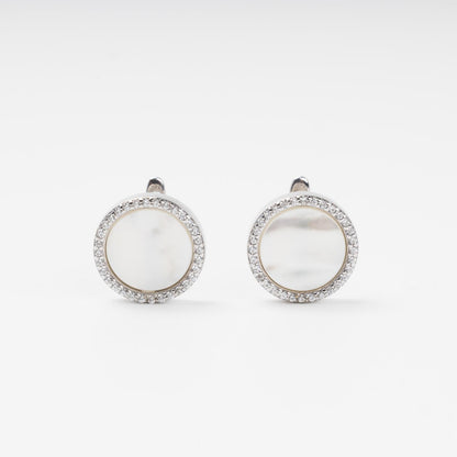 Rhodium-plated silver 925 round earrings with mother-of-pearl and cubic zirconia | Jewelry Store Kabluchka