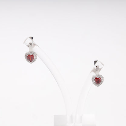 Silver 925 heart halo earrings with red cubic zirconia — Kabluchka