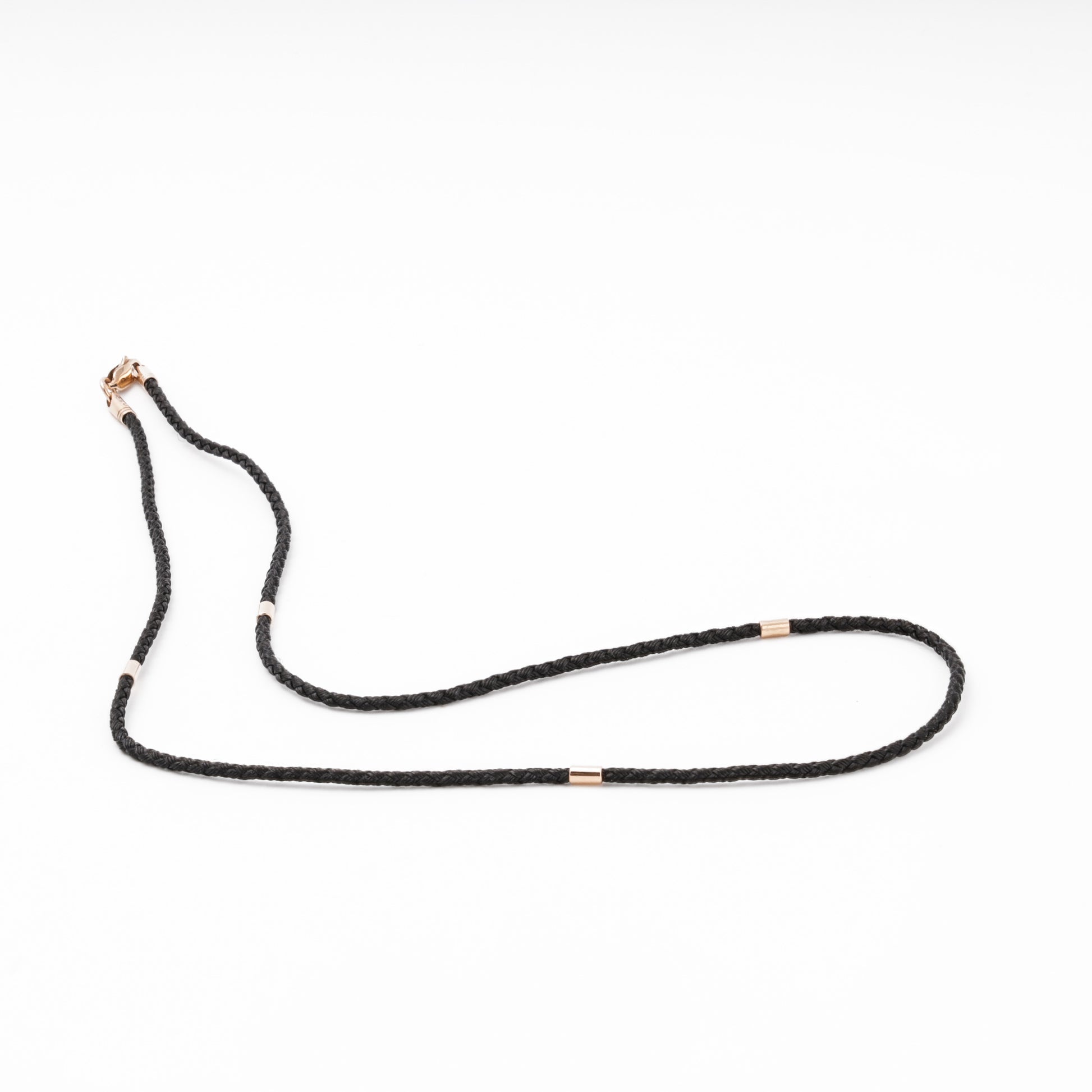 Full view black cord necklace with rose gold separators — Kabluchka