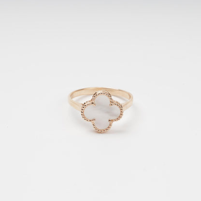 Sophisticated 14K (585) Rose Gold ring featuring a central white mother-of-pearl quatrefoil insert, framed by a delicate gold border on a clean white background.