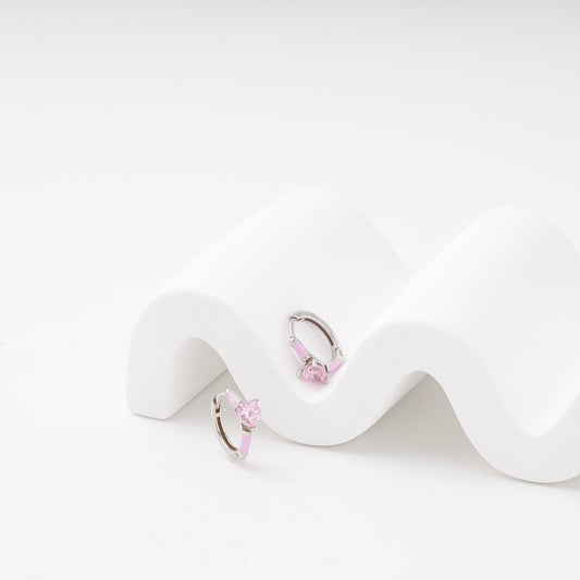 Pink heart huggie earrings with enamel in silver 925 — Kabluchka