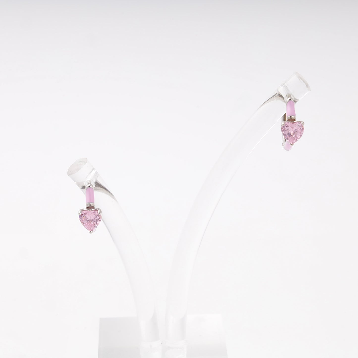 Silver 925 huggie earrings with pink heart cubic zirconia and enamel — Kabluchka