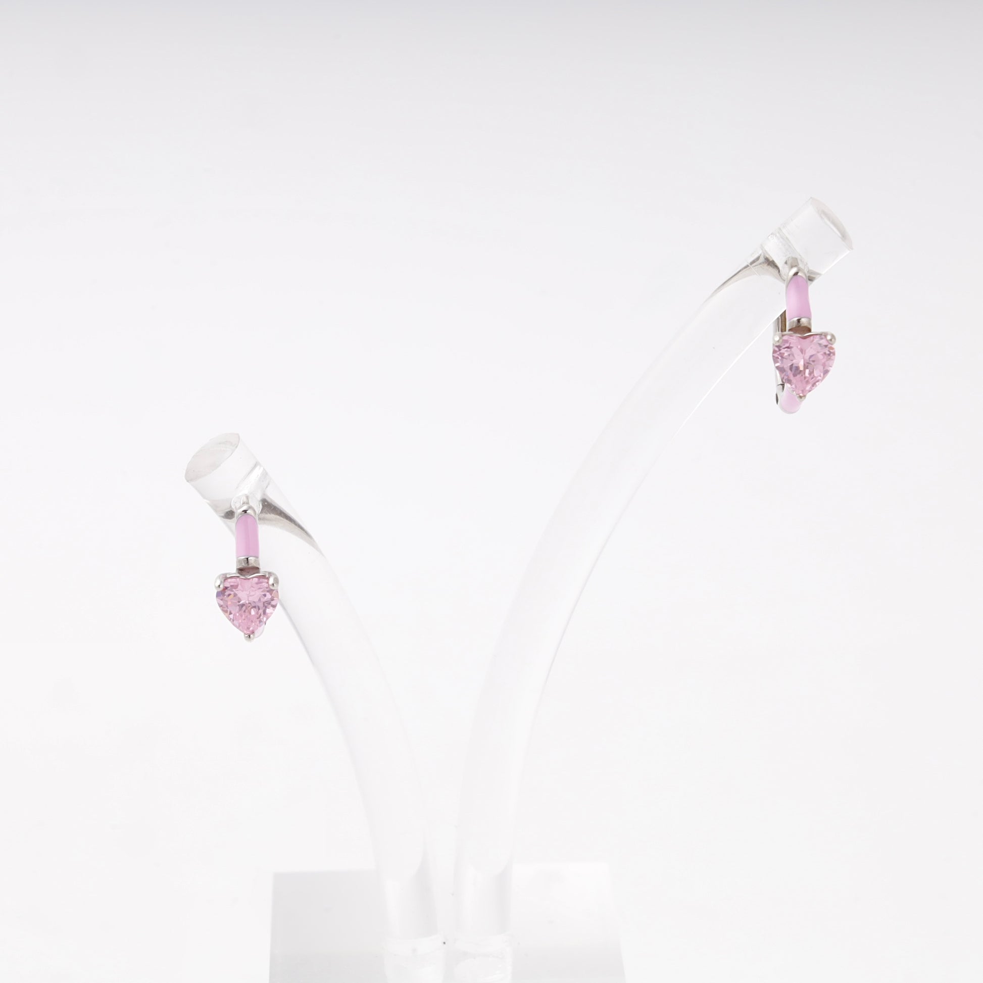 Silver 925 huggie earrings with pink heart cubic zirconia and enamel — Kabluchka