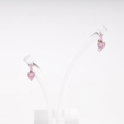 Silver 925 huggie earrings with pink heart cubic zirconia and enamel — Kabluchka