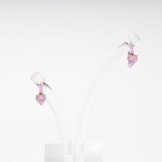 Silver 925 huggie earrings with pink heart cubic zirconia and enamel — Kabluchka