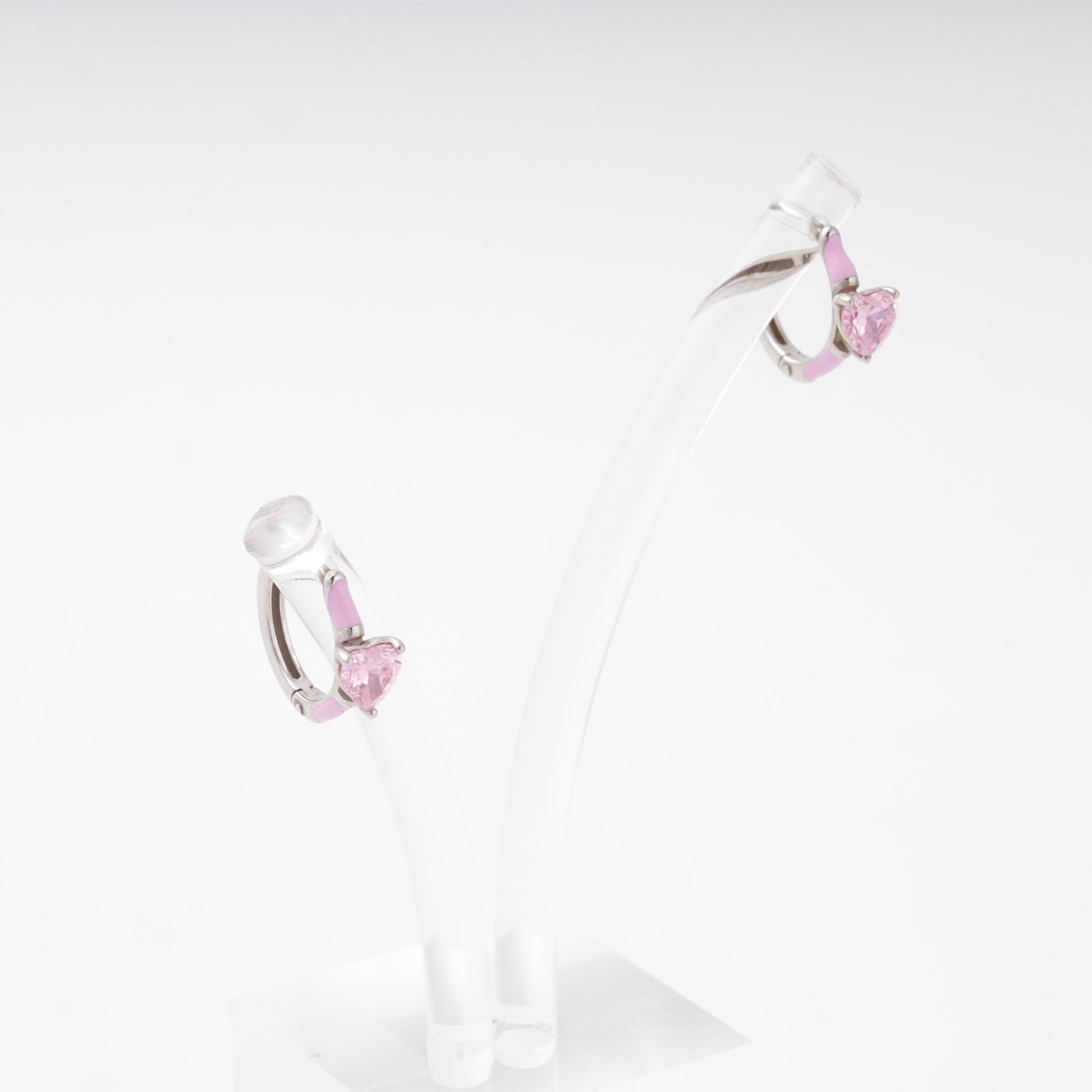 Silver 925 huggie earrings with pink heart, side view — Kabluchka