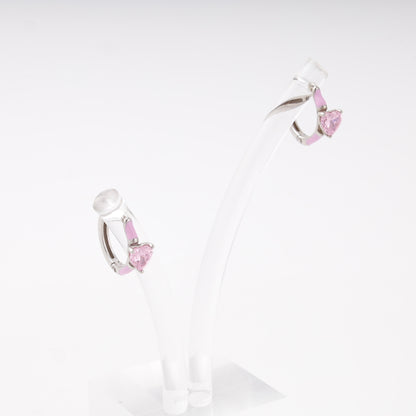 Silver 925 huggie earrings with pink heart, side view — Kabluchka