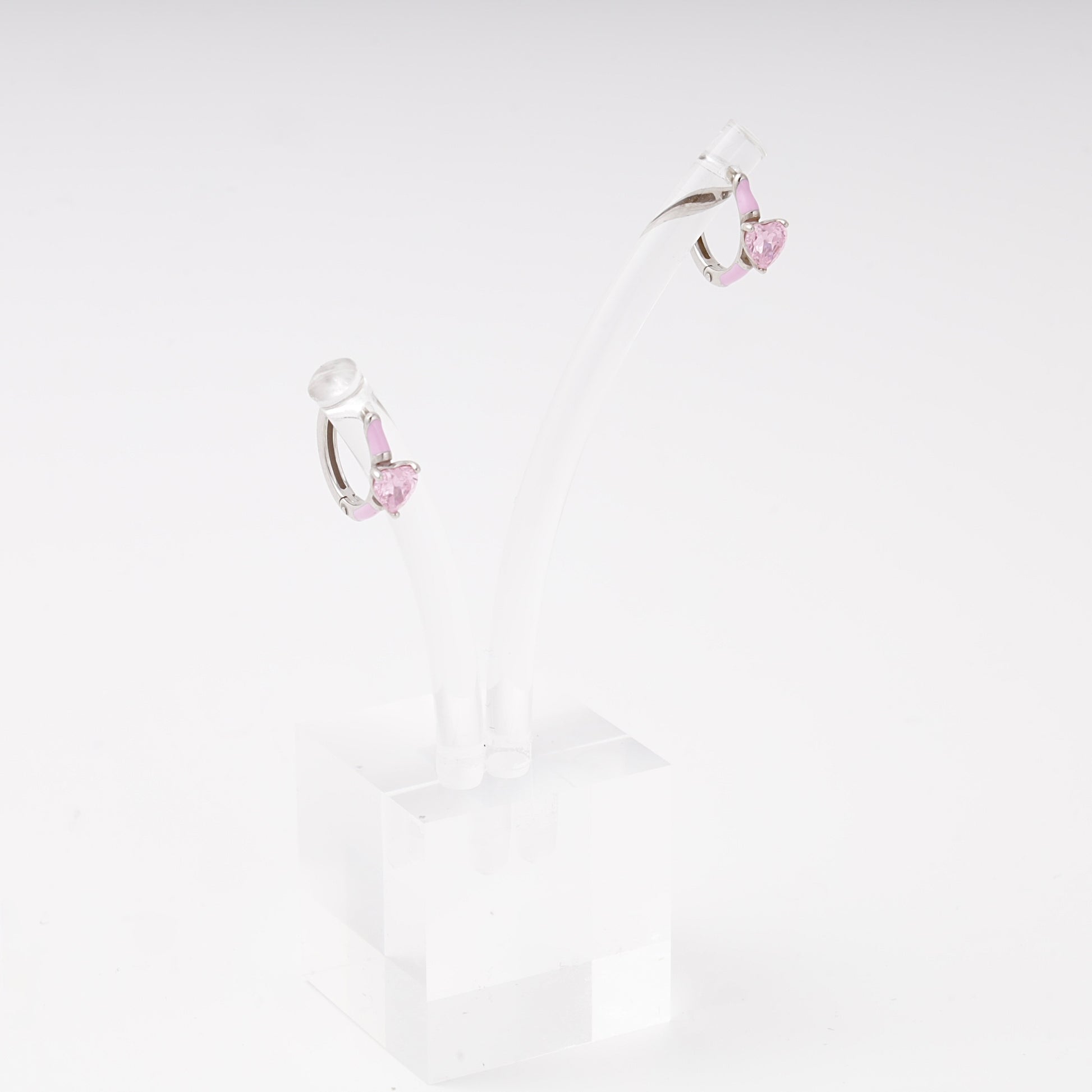 Pink heart cubic zirconia huggie earrings silver 925 — Kabluchka