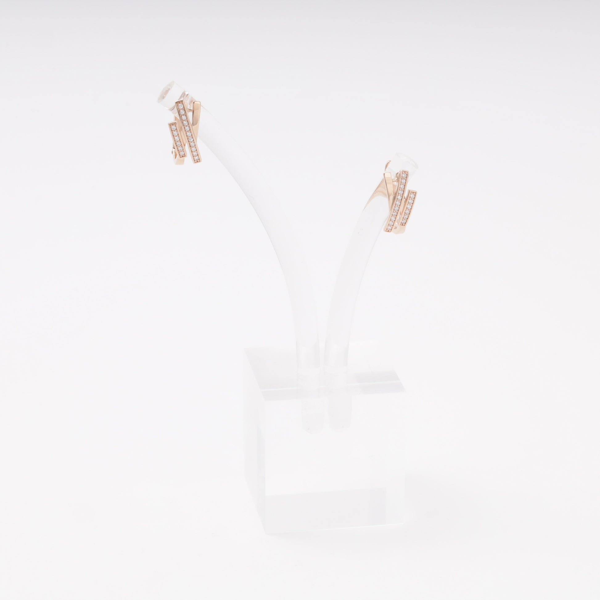 Rose gold 585 double bar earrings with CZ pavé on display stand, front view — Kabluchka