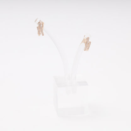 Rose gold 585 double bar earrings with CZ pavé on display stand, front view — Kabluchka