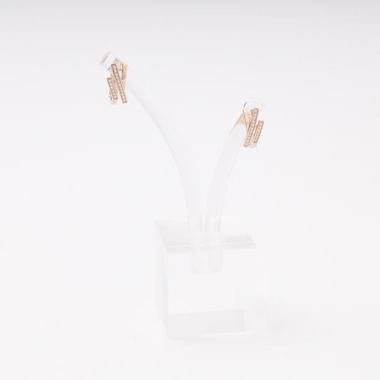 Rose gold 585 double bar earrings with CZ pavé on display stand, front view — Kabluchka