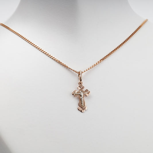 Two-tone Gold 14K (585) engraved Orthodox crucifix pendant — styled on chain — Kabluchka