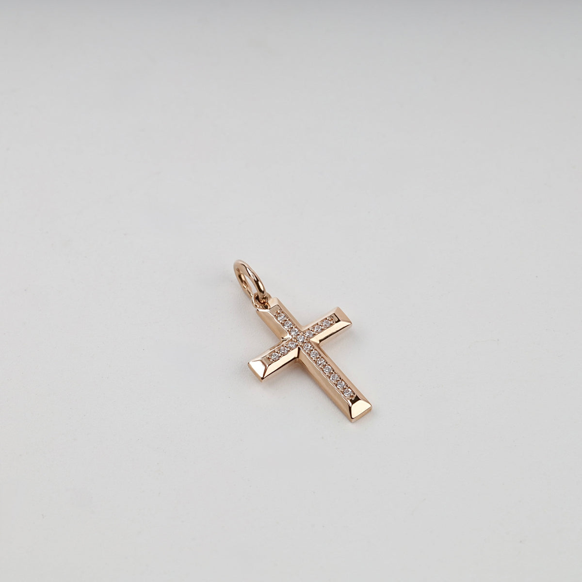 Rose Gold 14K (585) cubic zirconia cross pendant — front view — Kabluchka