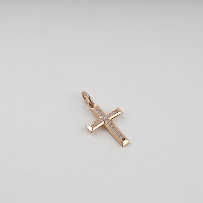 Rose Gold 14K (585) cubic zirconia cross pendant — front view — Kabluchka