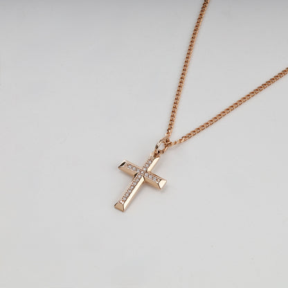 Rose gold cubic zirconia cross pendant on a styling chain — Kabluchka