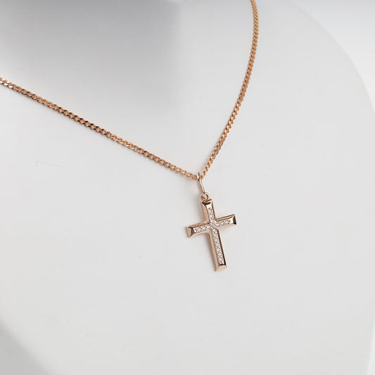 Rose gold cross pendant with clear cubic zirconia on a styling chain — Kabluchka