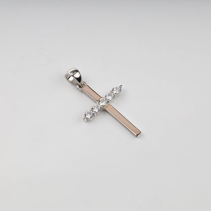 Rhodium-plated Silver 925 and Gold 375 cubic zirconia cross pendant — front view — Kabluchka