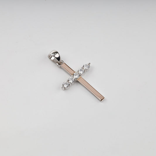 Rhodium-plated Silver 925 and Gold 375 cubic zirconia cross pendant — front view — Kabluchka
