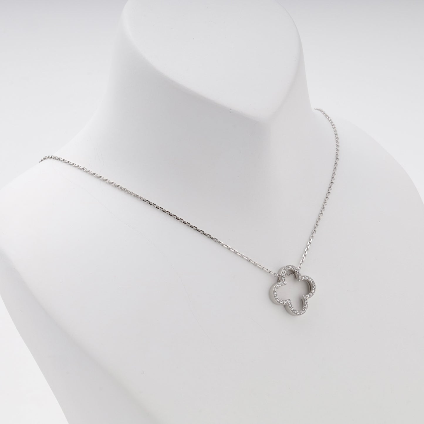 Silver 925 open clover cubic zirconia necklace, angled view — Kabluchka
