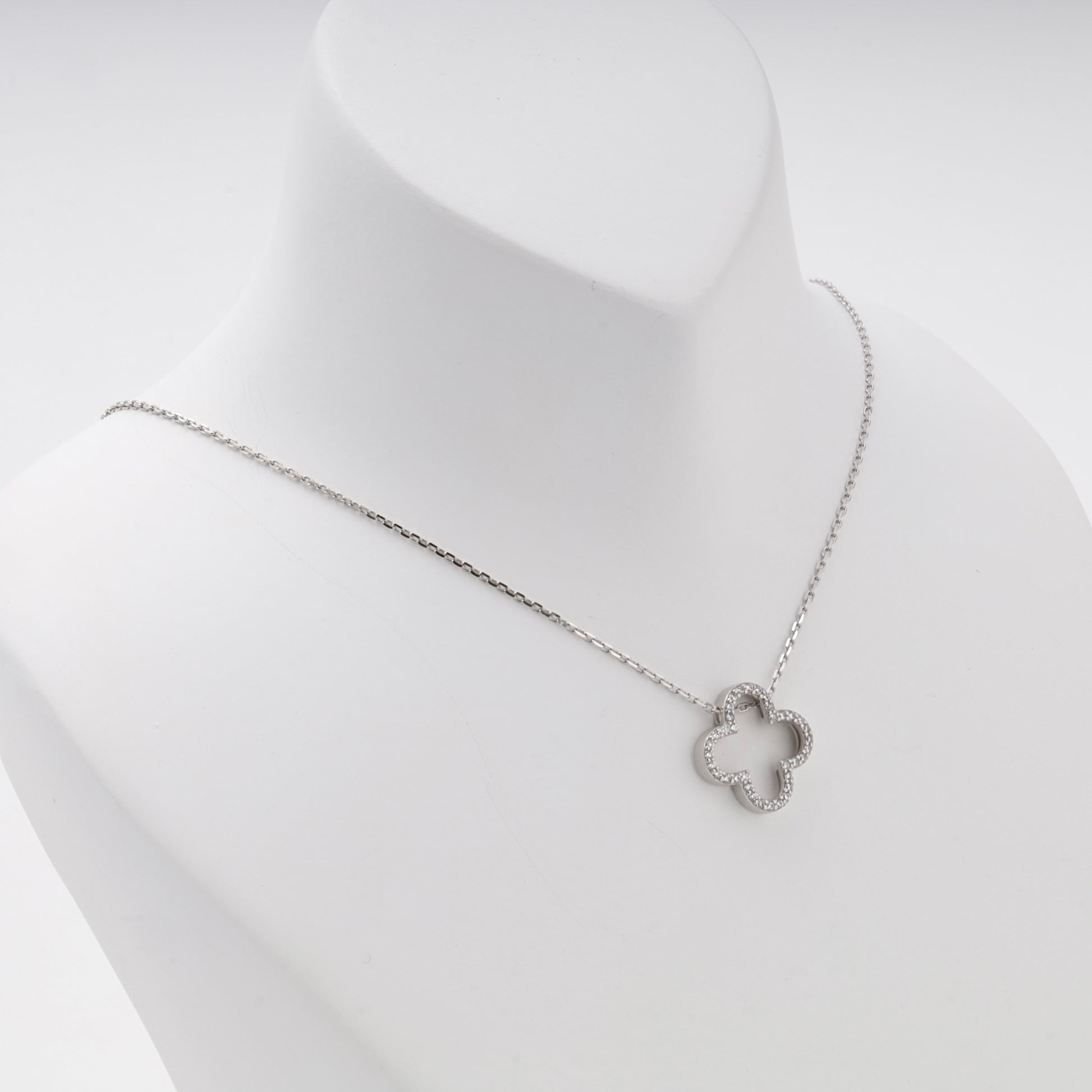Silver 925 open clover cubic zirconia necklace, angled view — Kabluchka