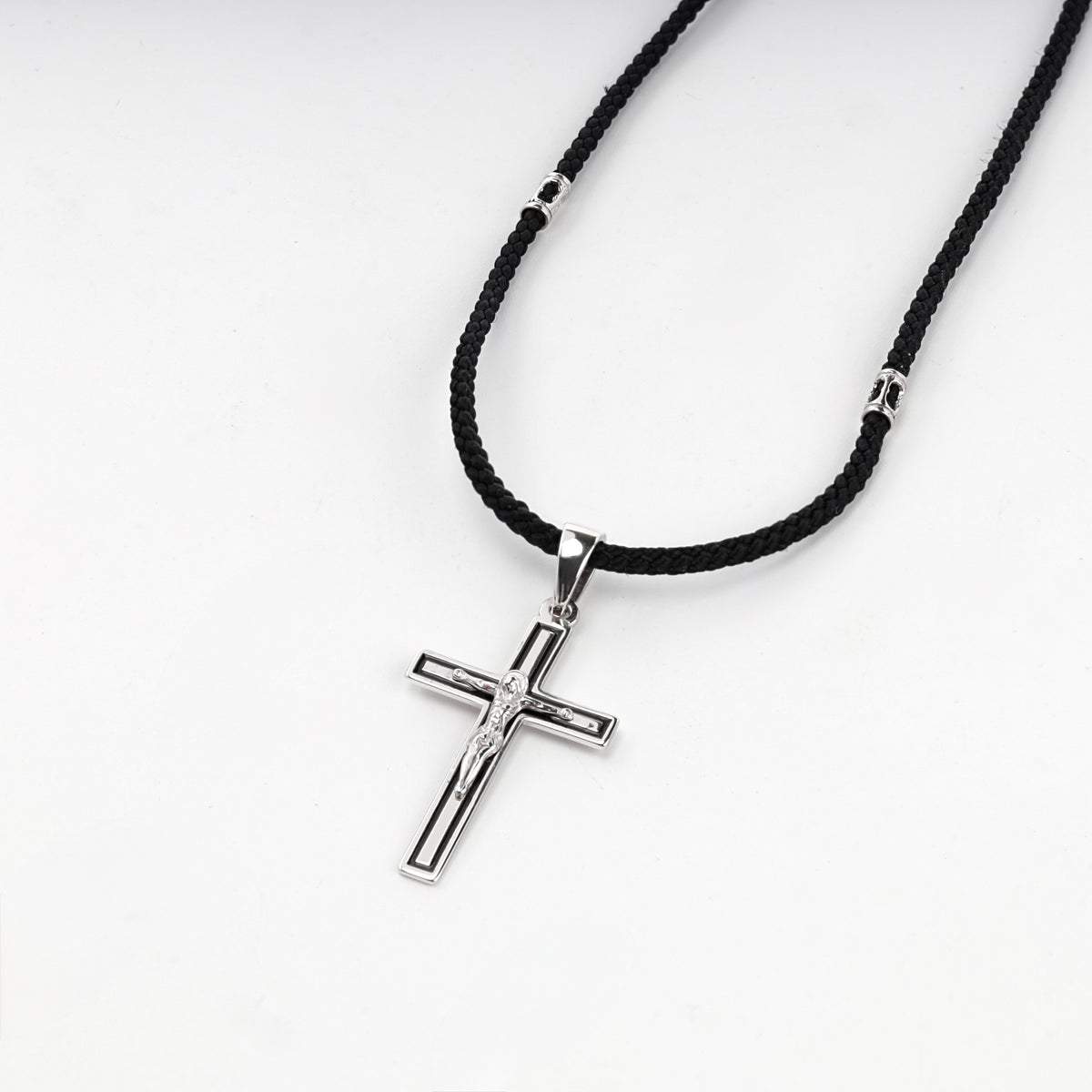 Silver 925 black enamel crucifix pendant, display view