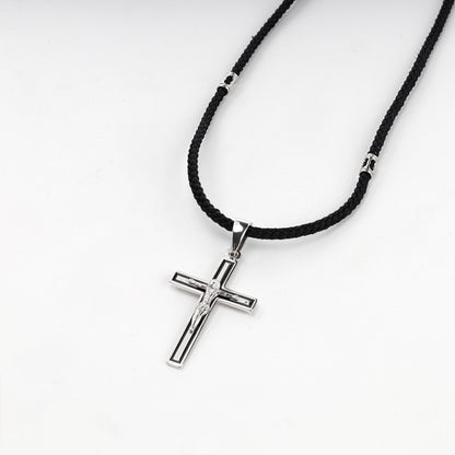 Silver 925 black enamel crucifix pendant, display view