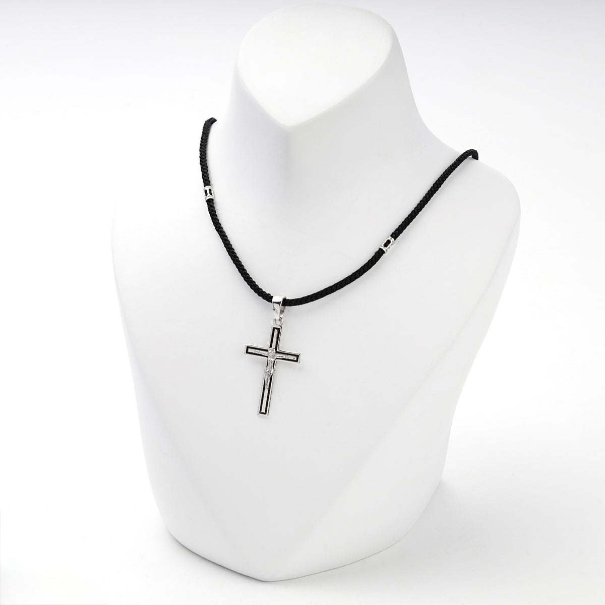 Silver 925 black enamel crucifix pendant, side view